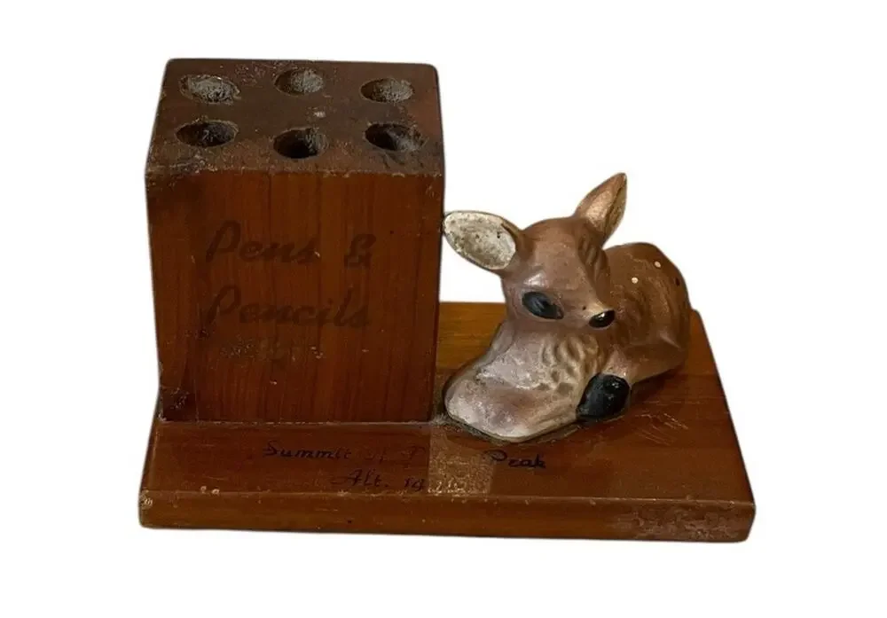 VTG Wood Deer Pen Pencil Holder Bambi Doe Pikes Peak Souvenir MCM 4.5” Long